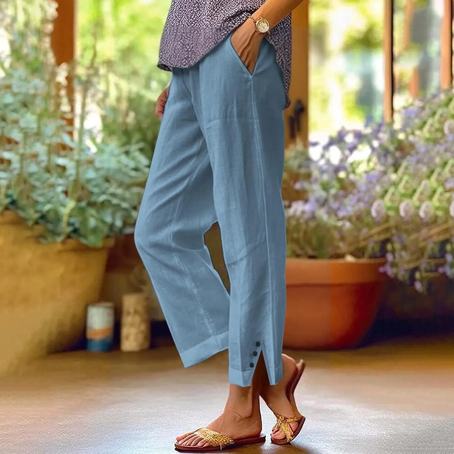 Cotton Linen Pants for Women Elastic High Waist Straight Leg Lounge Pants Summer Casual Slacks Trousers with Pockets