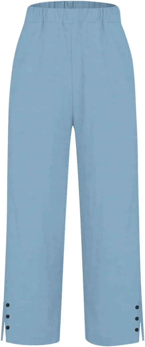 Cotton Linen Pants for Women Elastic High Waist Straight Leg Lounge Pants Summer Casual Slacks Trousers with Pockets