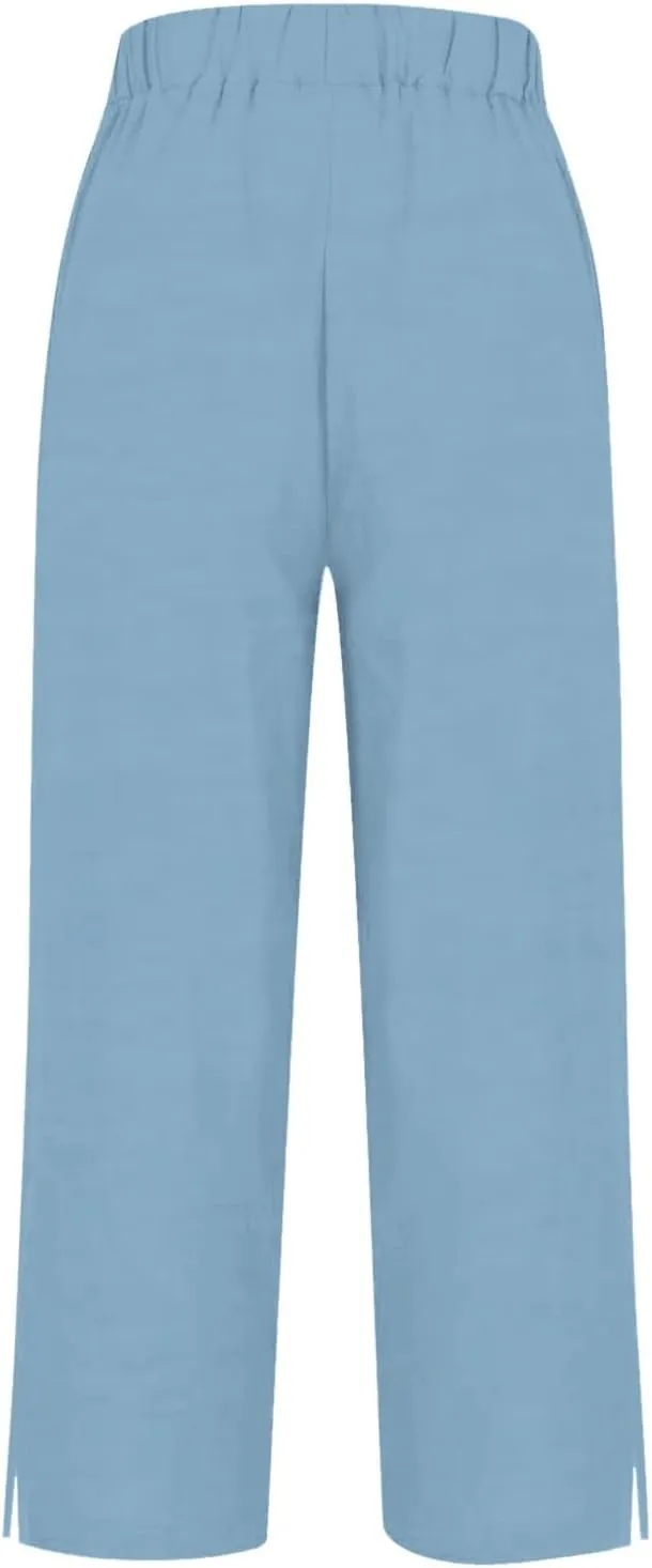 Cotton Linen Pants for Women Elastic High Waist Straight Leg Lounge Pants Summer Casual Slacks Trousers with Pockets