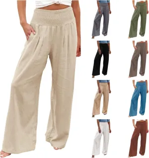 Cotton Linen Pants for Women High Waisted Casual Palazzo Pants Loose Fit Summer Wide Leg Lounge Beach Trousers with Pockets