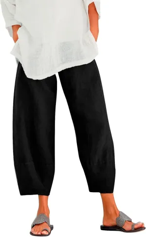 Cotton Linen Pants for Women High Waisted Wide Leg Pants Summer Loose Fit Capris Pants Lightweight Beach Trousers