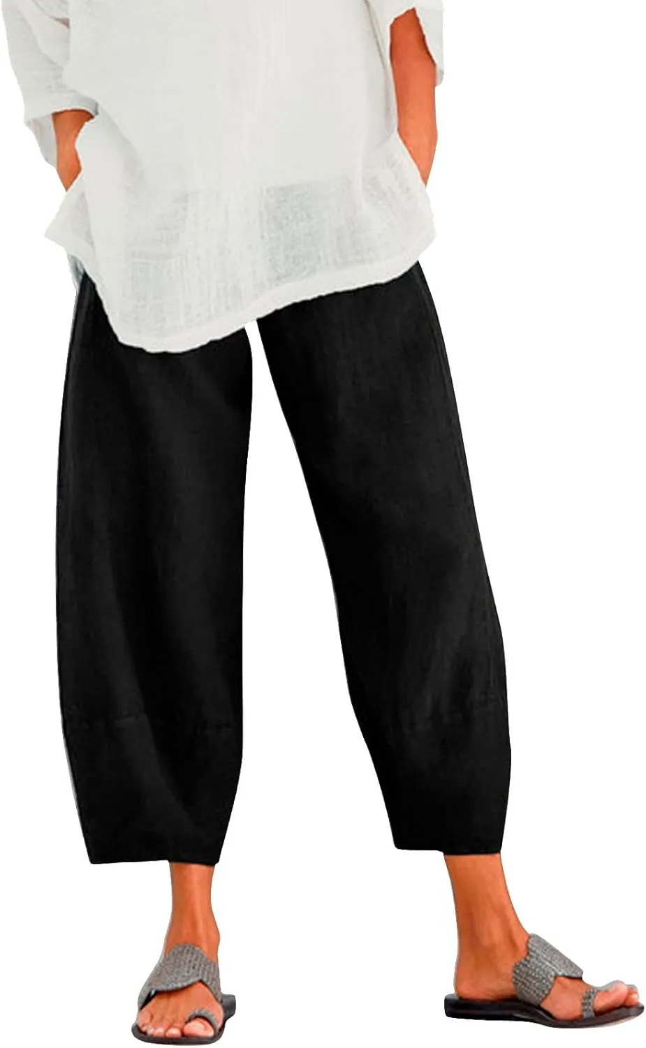 Cotton Linen Pants for Women High Waisted Wide Leg Pants Summer Loose Fit Capris Pants Lightweight Beach Trousers
