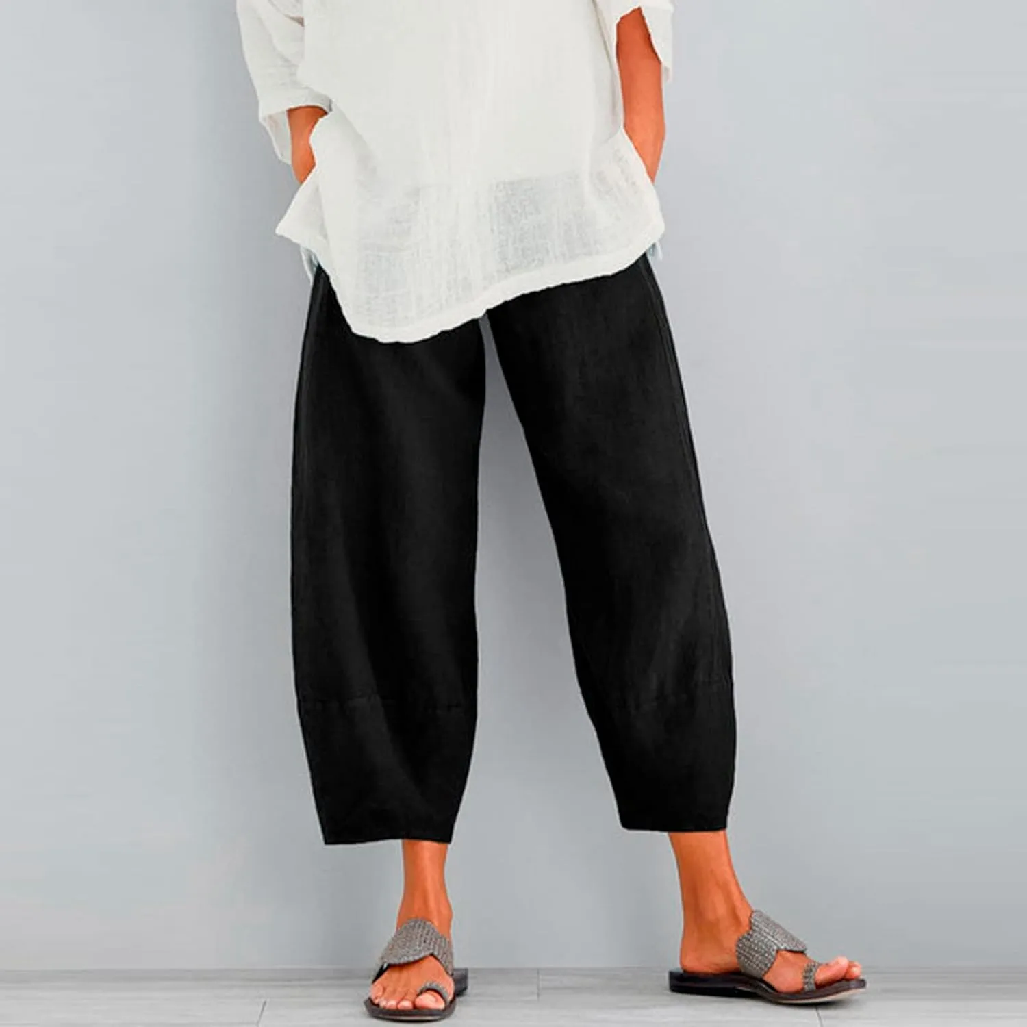 Cotton Linen Pants for Women High Waisted Wide Leg Pants Summer Loose Fit Capris Pants Lightweight Beach Trousers