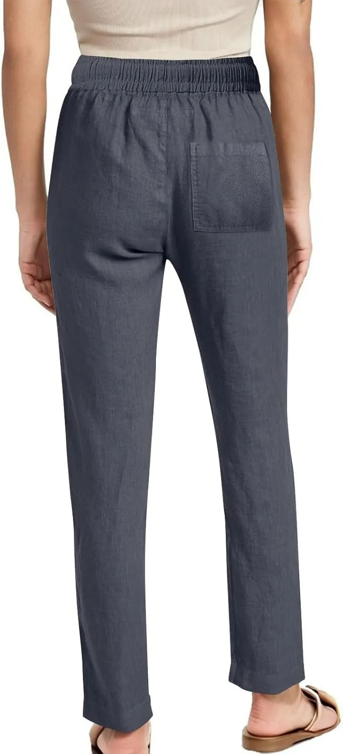 Cotton Linen Pants for Women Loose Fit Drawstring Elastic High Waist Casual Trouser Solid Lounge Pants with Pockets