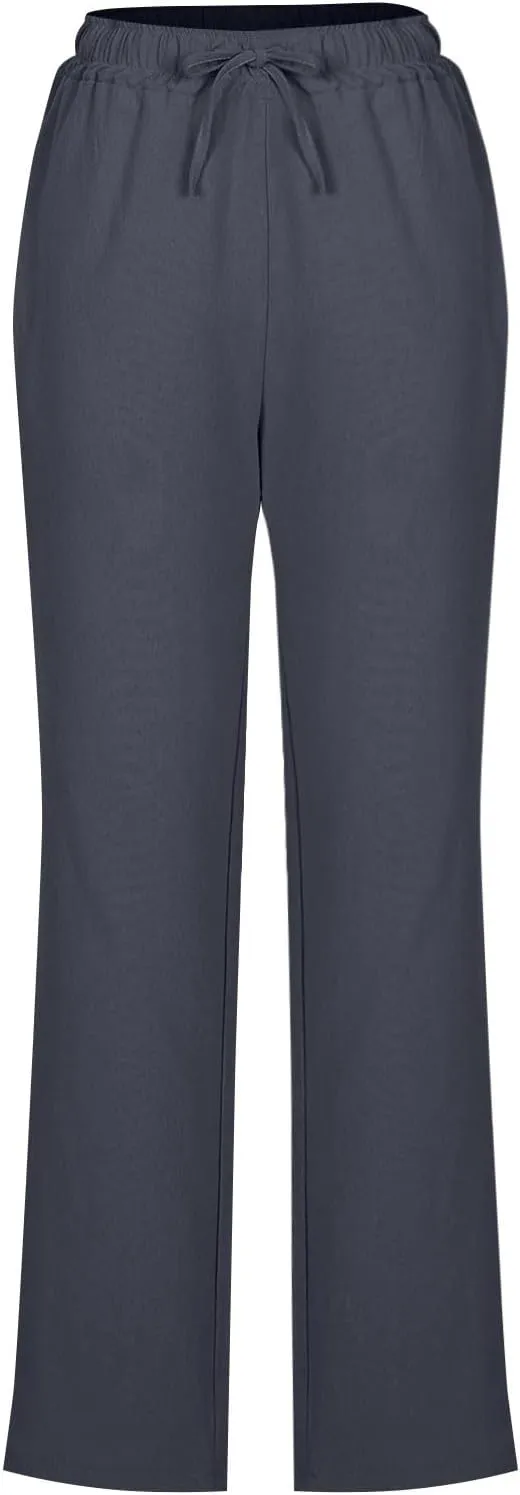 Cotton Linen Pants for Women Loose Fit Drawstring Elastic High Waist Casual Trouser Solid Lounge Pants with Pockets