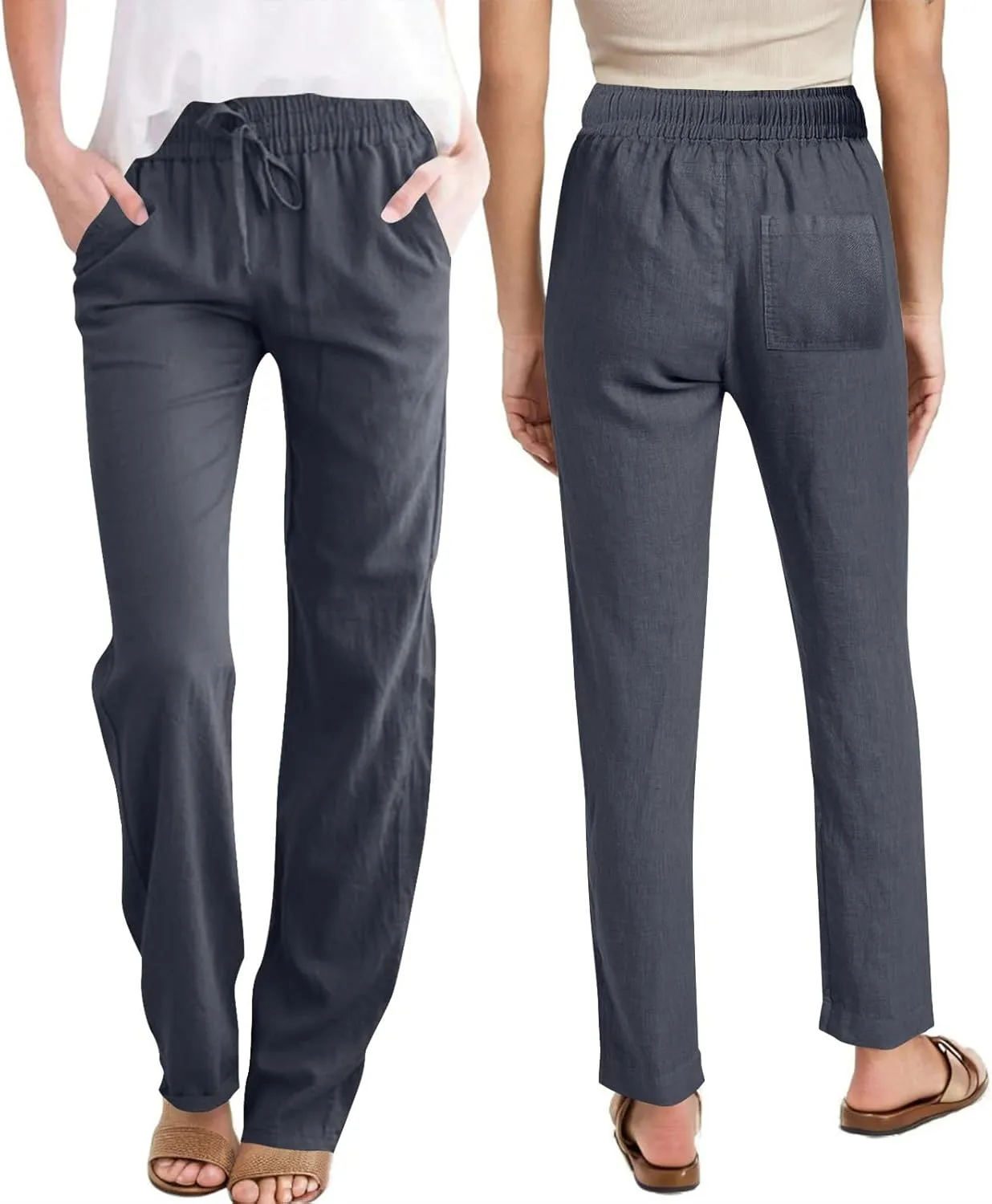 Cotton Linen Pants for Women Loose Fit Drawstring Elastic High Waist Casual Trouser Solid Lounge Pants with Pockets