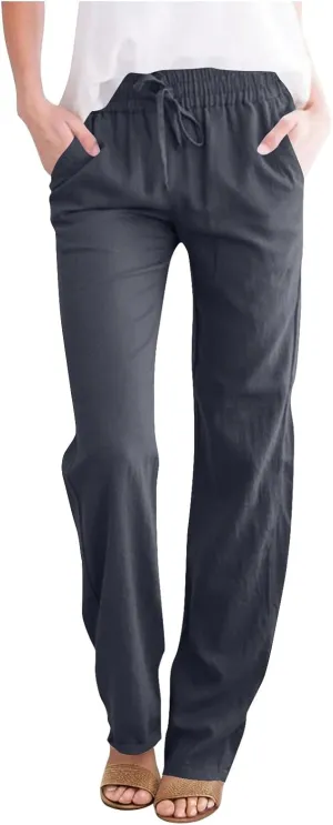 Cotton Linen Pants for Women Loose Fit Drawstring Elastic High Waist Casual Trouser Solid Lounge Pants with Pockets