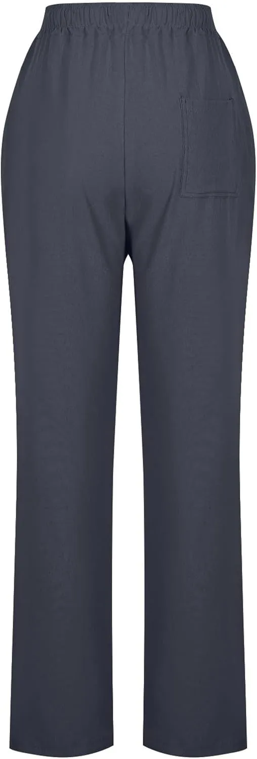 Cotton Linen Pants for Women Loose Fit Drawstring Elastic High Waist Casual Trouser Solid Lounge Pants with Pockets