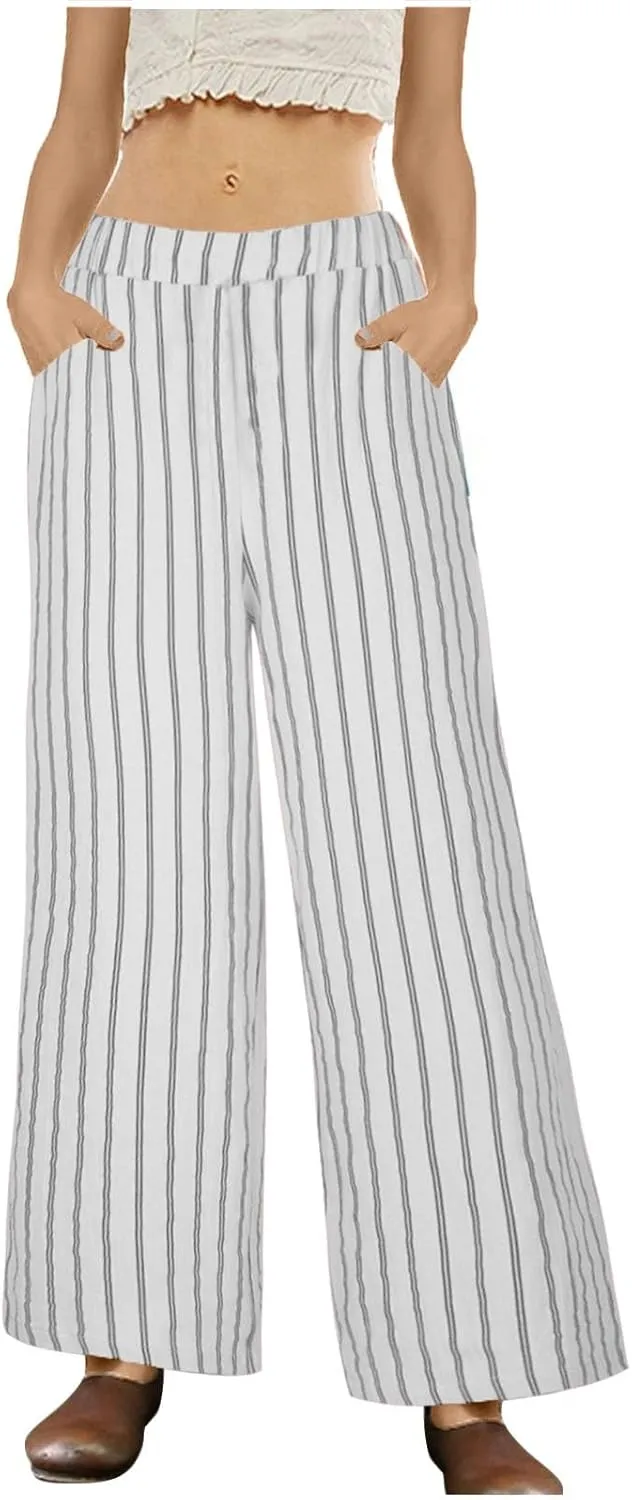 Cotton Linen Pants for Women Summer Comfort Wide Leg Boho Trousers High Waist Striped Lounge Pants with Pockets