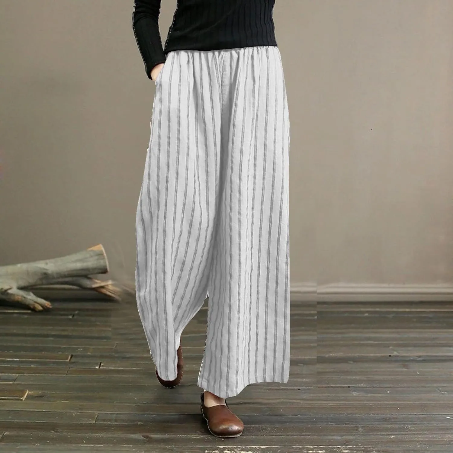 Cotton Linen Pants for Women Summer Comfort Wide Leg Boho Trousers High Waist Striped Lounge Pants with Pockets