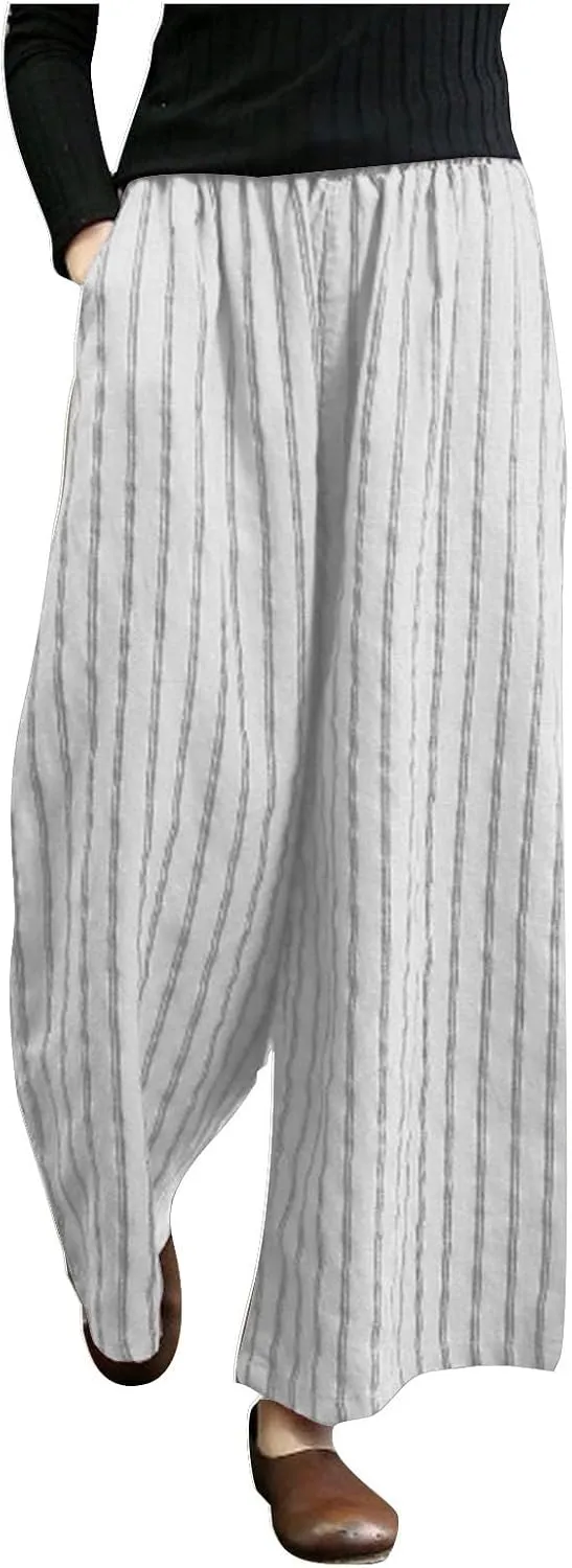 Cotton Linen Pants for Women Summer Comfort Wide Leg Boho Trousers High Waist Striped Lounge Pants with Pockets