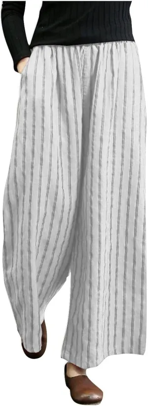 Cotton Linen Pants for Women Summer Comfort Wide Leg Boho Trousers High Waist Striped Lounge Pants with Pockets