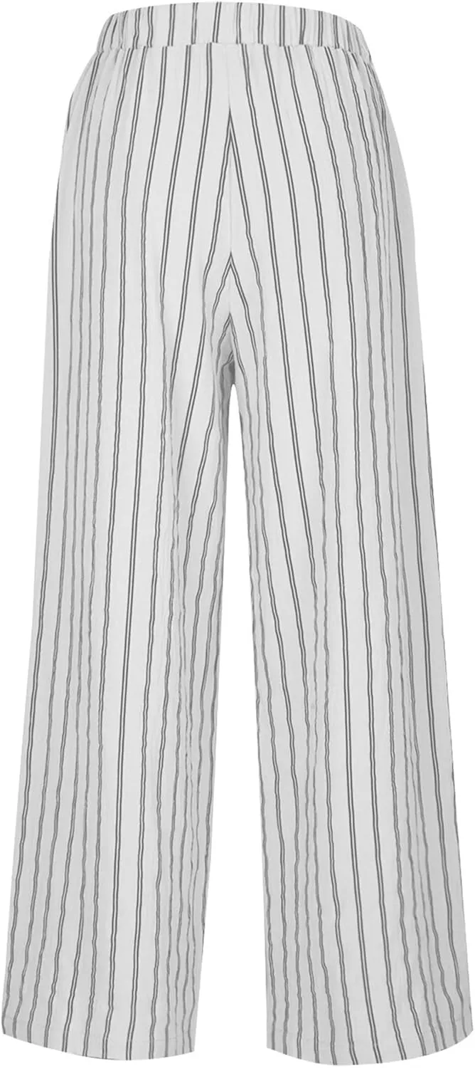 Cotton Linen Pants for Women Summer Comfort Wide Leg Boho Trousers High Waist Striped Lounge Pants with Pockets