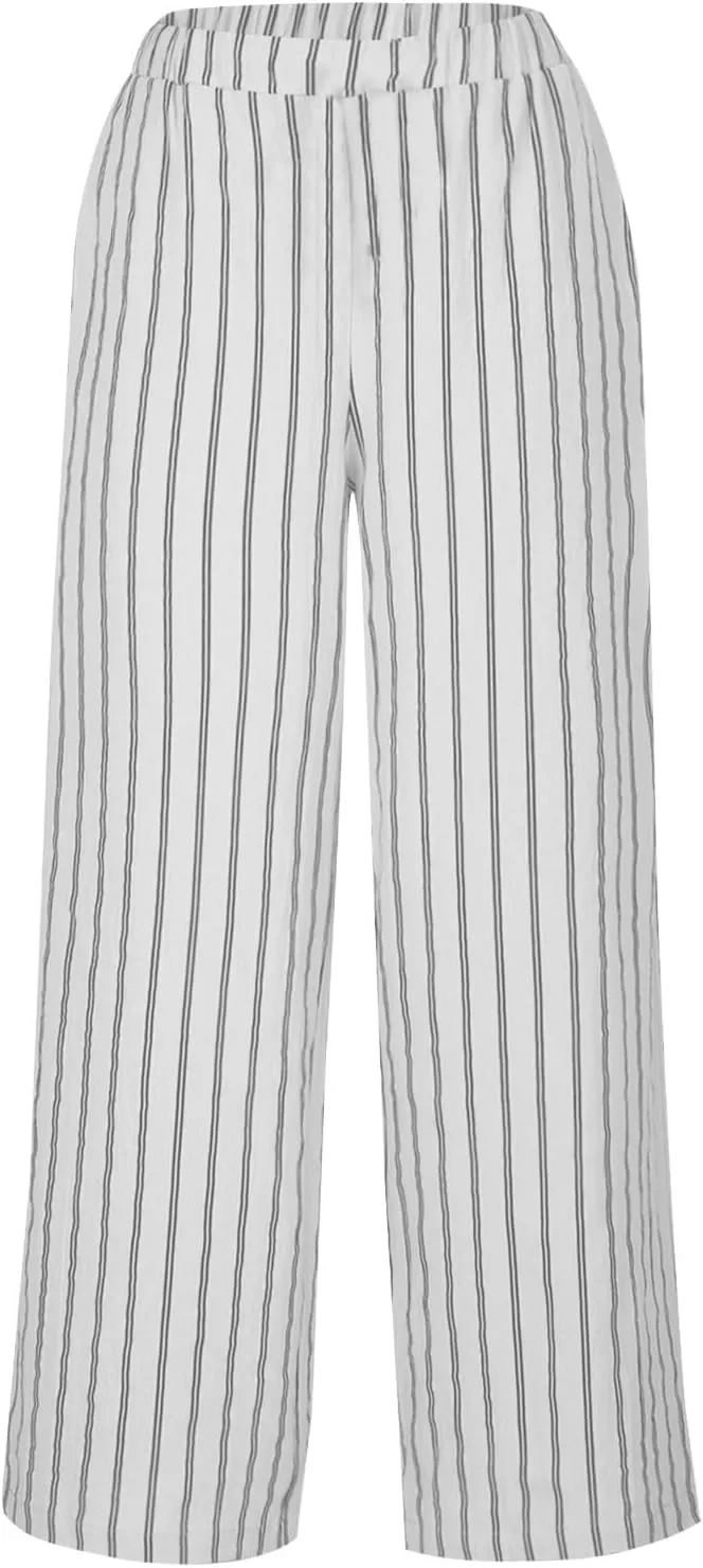Cotton Linen Pants for Women Summer Comfort Wide Leg Boho Trousers High Waist Striped Lounge Pants with Pockets
