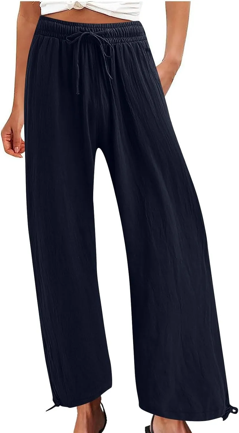 Cotton Linen Pants for Women Summer High Waist Wide Leg Pants Casual Elastic Waist Palazzo Pant Trendy Beach Trousers