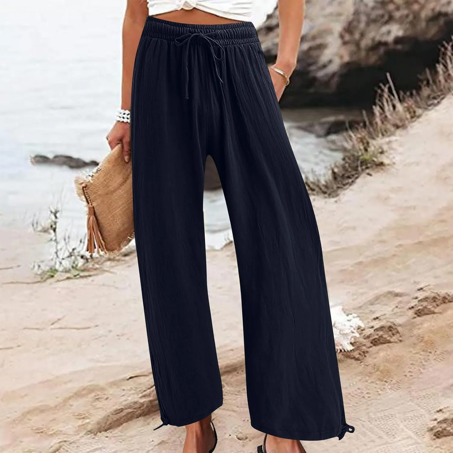 Cotton Linen Pants for Women Summer High Waist Wide Leg Pants Casual Elastic Waist Palazzo Pant Trendy Beach Trousers