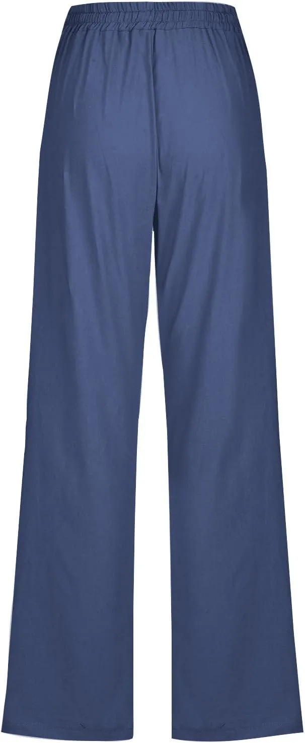 Cotton Linen Pants Women Staight Leg Dressy Casual Summer Pants Elastic High Waisted Trousers with Pockets