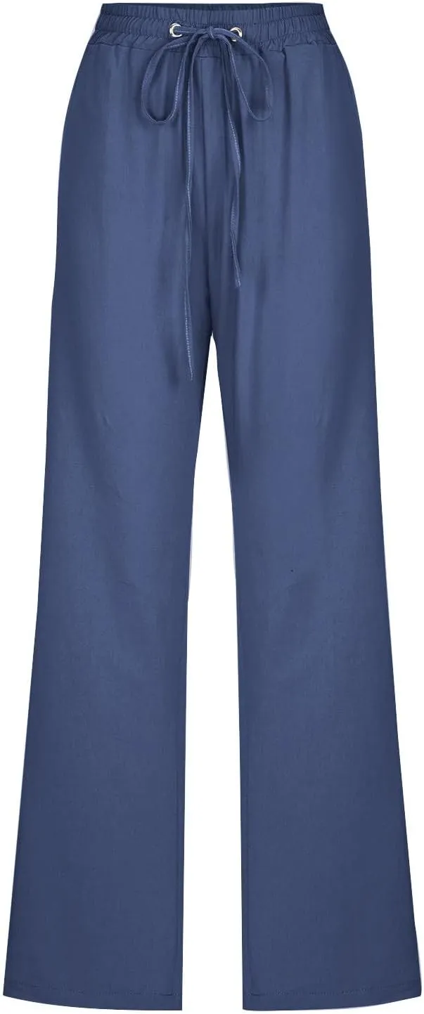 Cotton Linen Pants Women Staight Leg Dressy Casual Summer Pants Elastic High Waisted Trousers with Pockets