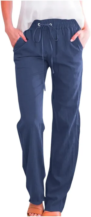 Cotton Linen Pants Women Staight Leg Dressy Casual Summer Pants Elastic High Waisted Trousers with Pockets