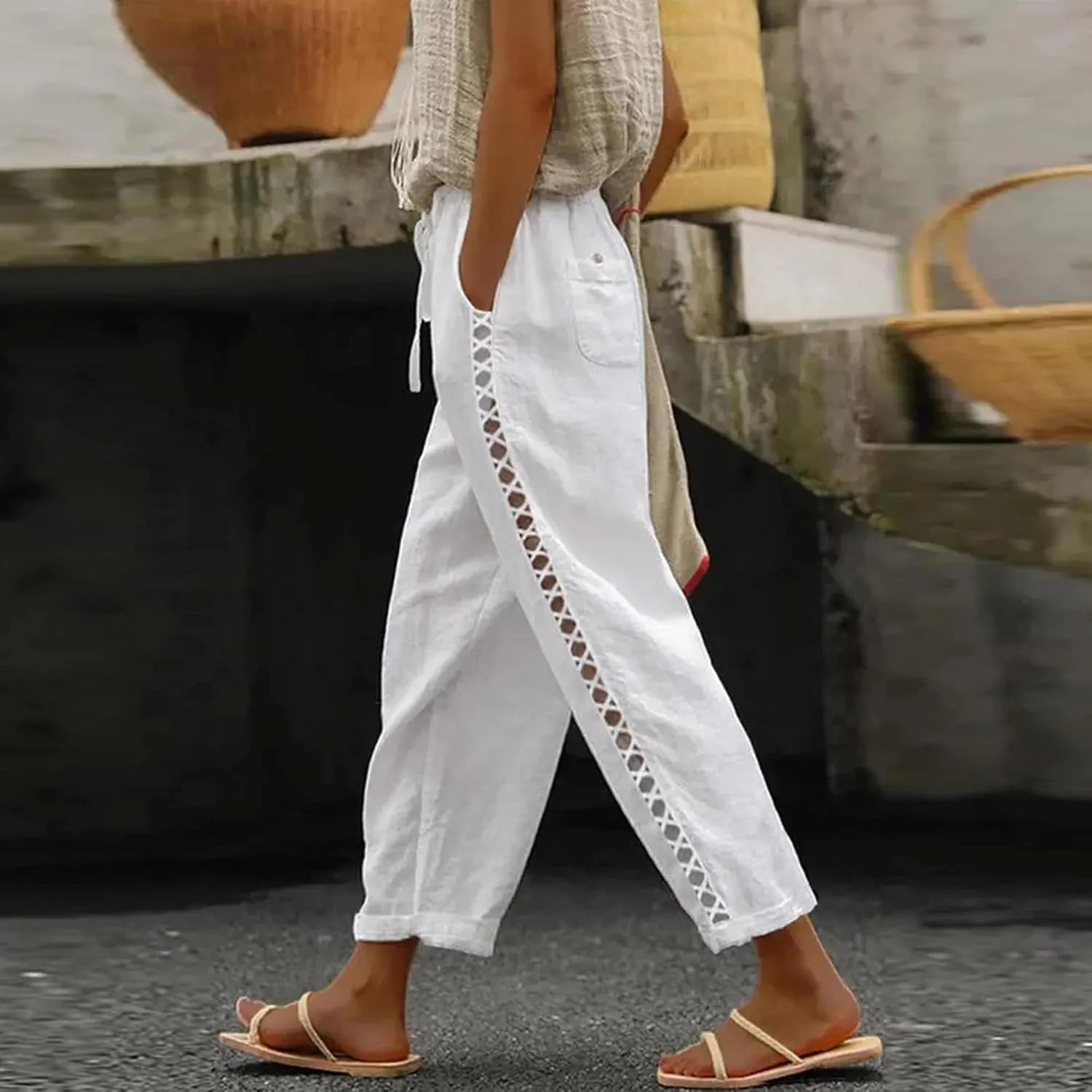 Cotton Linen Pants Women Summer Elastic Waisted Crop Pants Plus Size Straight Leg Slacks Casual Trousers with Pockets