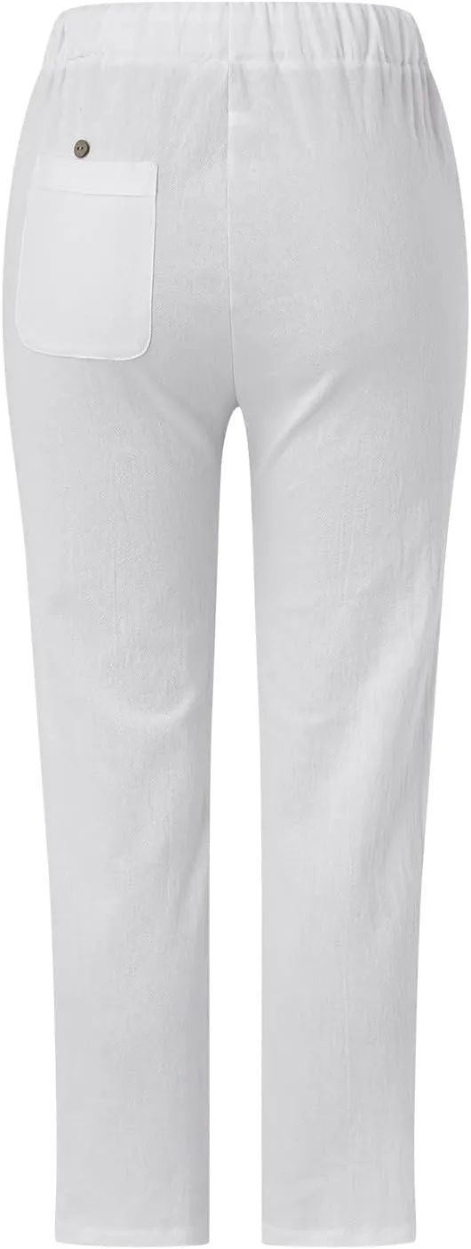 Cotton Linen Pants Women Summer Elastic Waisted Crop Pants Plus Size Straight Leg Slacks Casual Trousers with Pockets