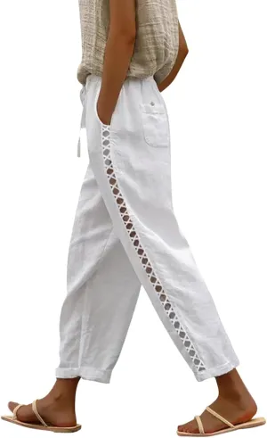 Cotton Linen Pants Women Summer Elastic Waisted Crop Pants Plus Size Straight Leg Slacks Casual Trousers with Pockets