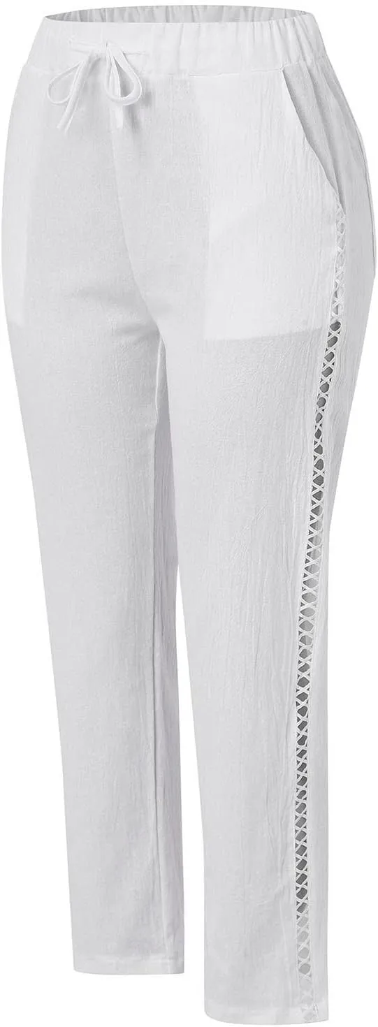 Cotton Linen Pants Women Summer Elastic Waisted Crop Pants Plus Size Straight Leg Slacks Casual Trousers with Pockets