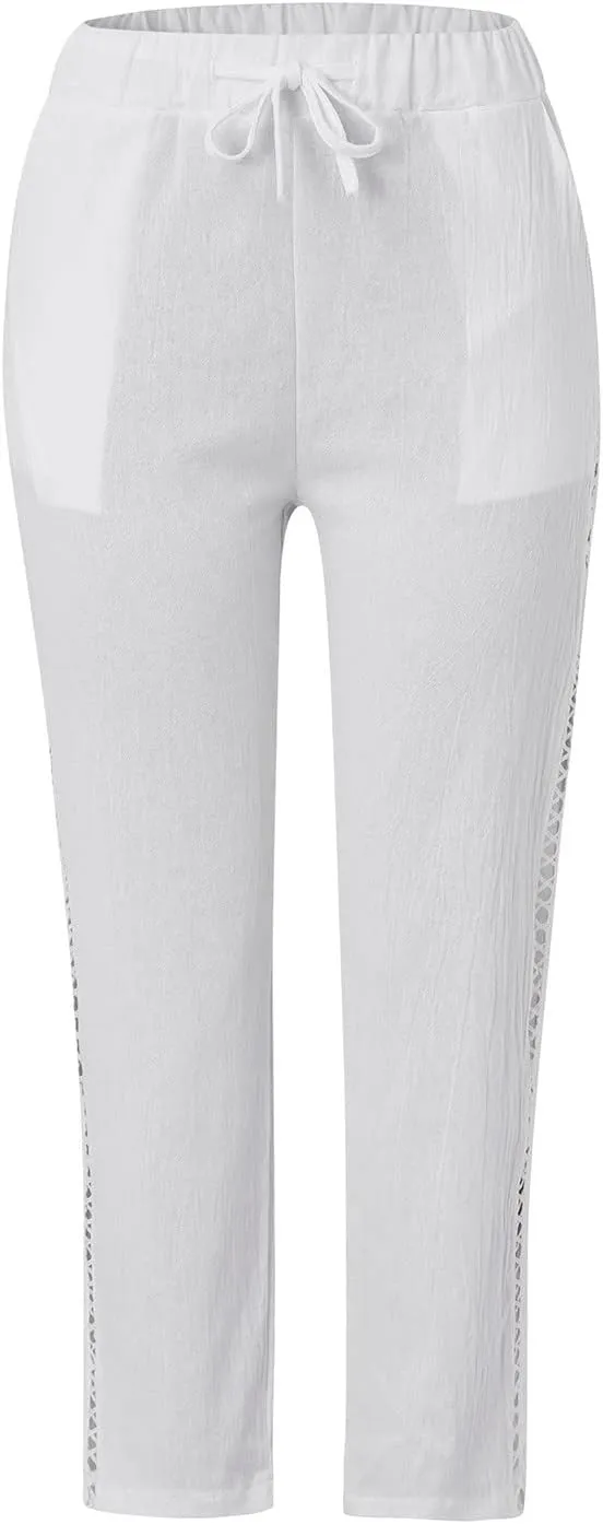 Cotton Linen Pants Women Summer Elastic Waisted Crop Pants Plus Size Straight Leg Slacks Casual Trousers with Pockets