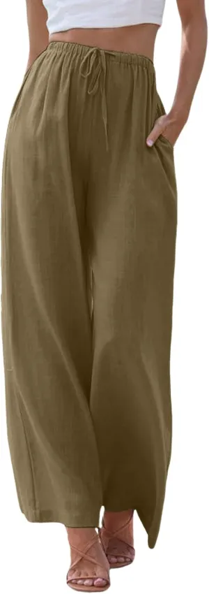 Cotton Linen Pants Women Summer Wide Leg Flowy Pants Cusual Drawstring High Waist Palazzo Pants Beach Trousers with Pockets