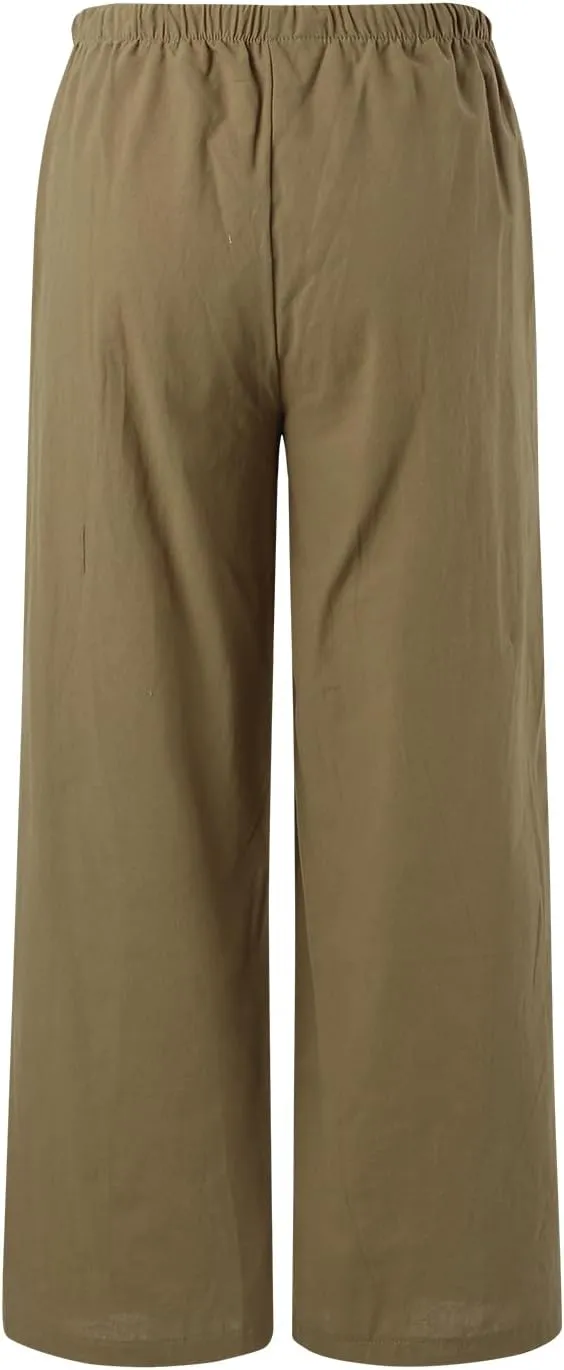 Cotton Linen Pants Women Summer Wide Leg Flowy Pants Cusual Drawstring High Waist Palazzo Pants Beach Trousers with Pockets