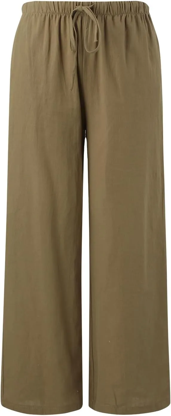 Cotton Linen Pants Women Summer Wide Leg Flowy Pants Cusual Drawstring High Waist Palazzo Pants Beach Trousers with Pockets