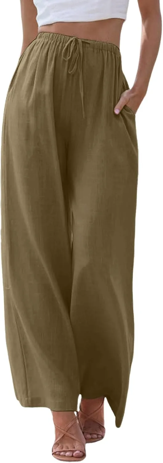 Cotton Linen Pants Women Summer Wide Leg Flowy Pants Cusual Drawstring High Waist Palazzo Pants Beach Trousers with Pockets