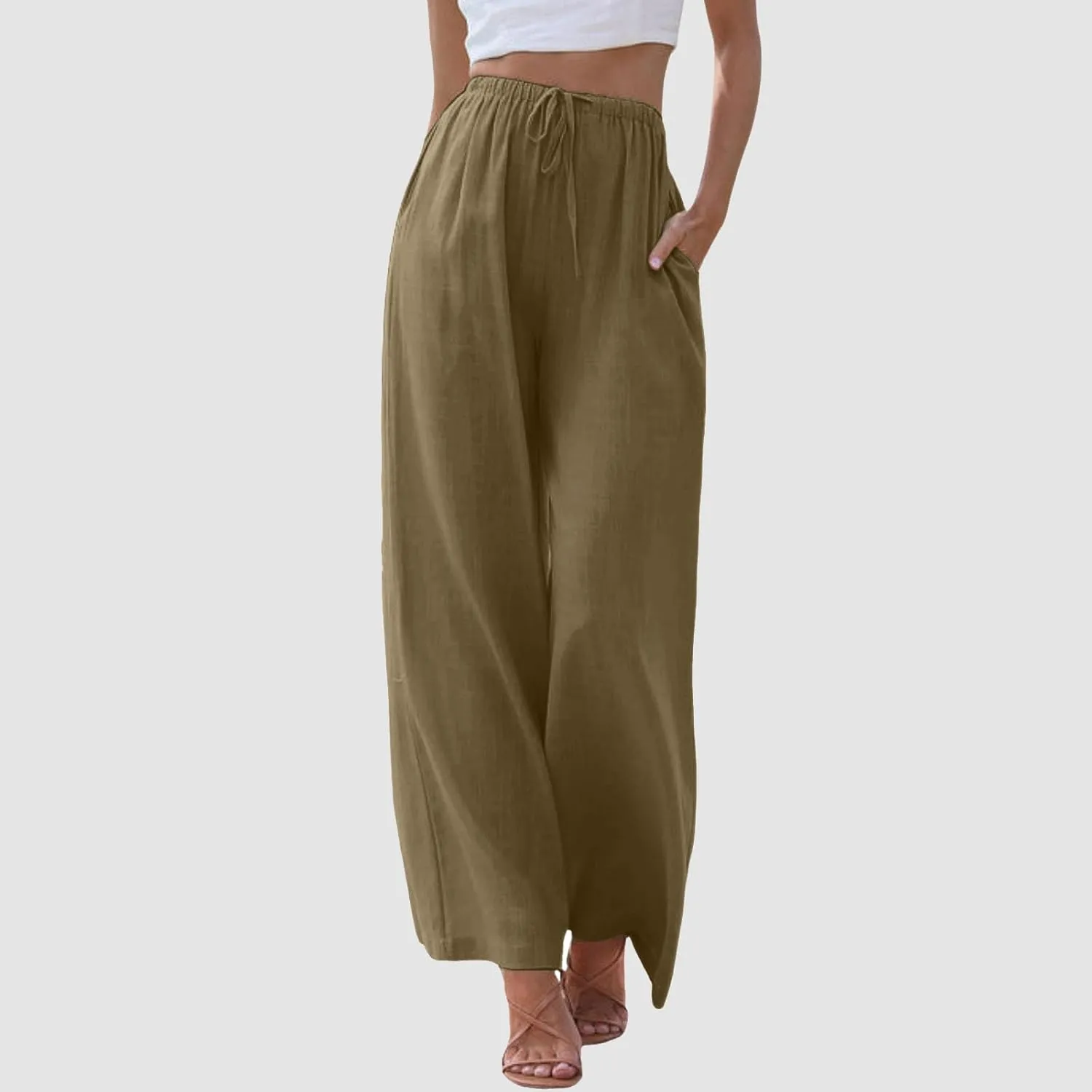 Cotton Linen Pants Women Summer Wide Leg Flowy Pants Cusual Drawstring High Waist Palazzo Pants Beach Trousers with Pockets
