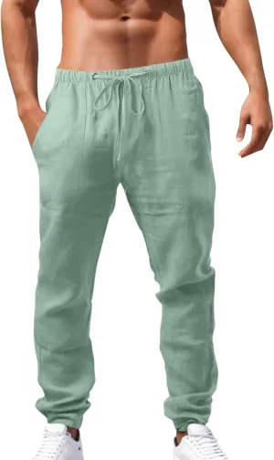 Cotton Linen Workout Pants for Men Breathable Comfy Trousers Summer Loose Fit Baggy Long Pant Hiking Gym Joggers Chino Pant Stretch Mens Thermal Underwear Bottoms