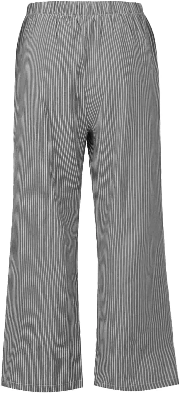 Cotton Striped Linen Pants for Women Loose Fit Summer 2025 with Pocket Wide Leg Trousers Casual Beach Vacation Travel Pants