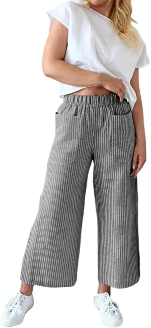 Cotton Striped Linen Pants for Women Loose Fit Summer 2025 with Pocket Wide Leg Trousers Casual Beach Vacation Travel Pants