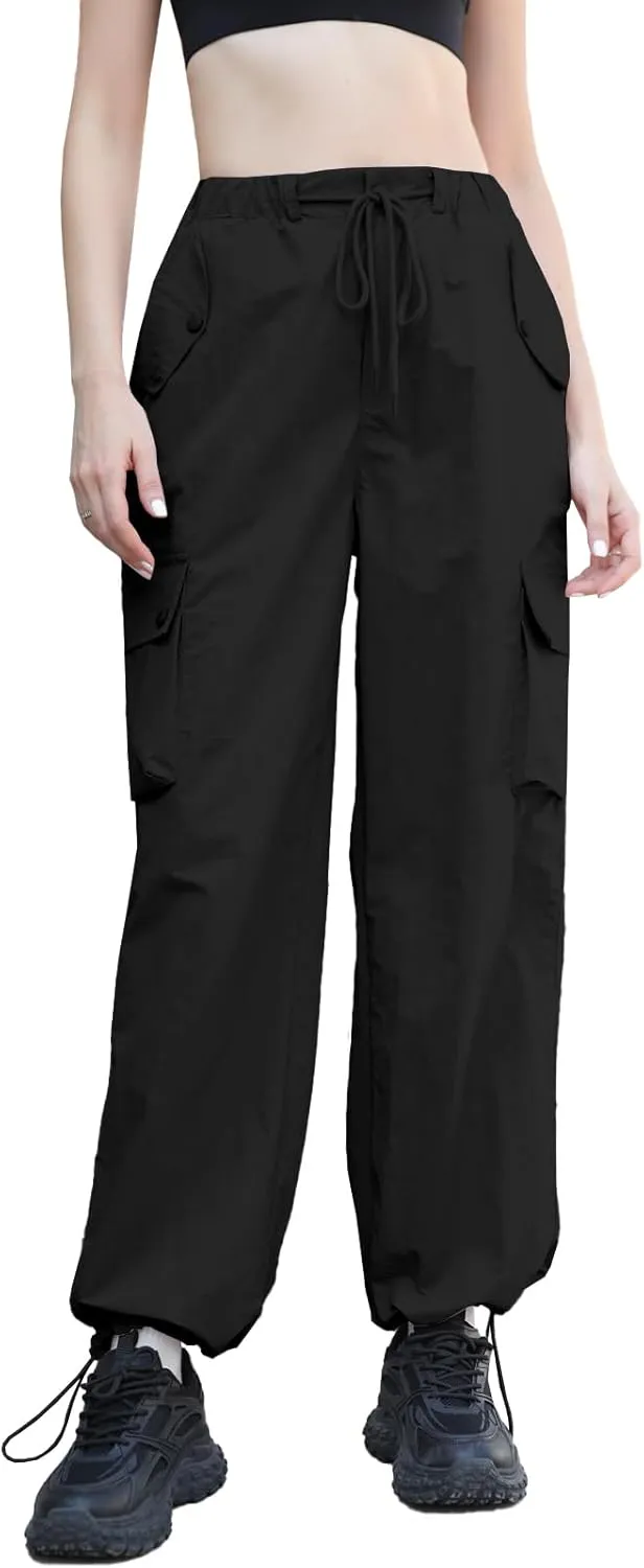 Cromoncent Girls & Womens High Waist Parachute Pants Y2K Waterproof Cargo Trousers with Pockets 6 Years-Women 3XL