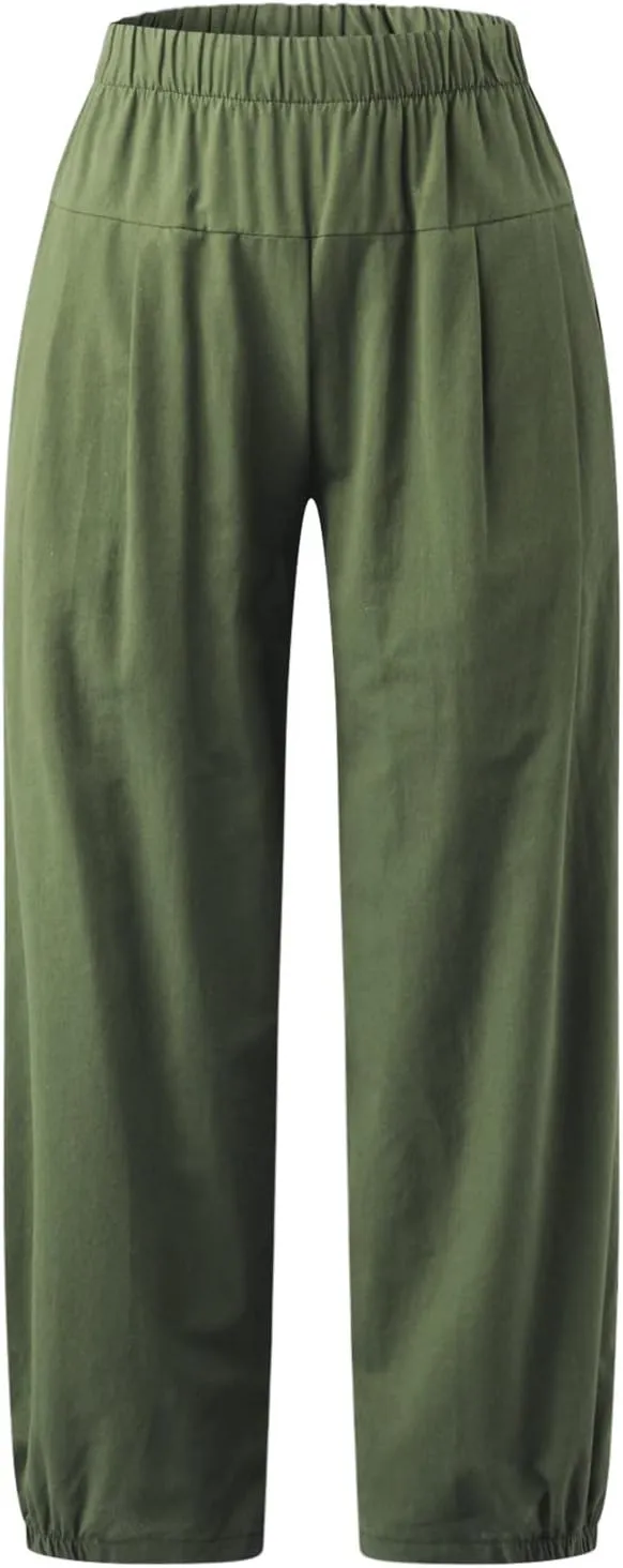 Cropped Linen Pants for Women Casual Loose Fit Elastic Waist Wide Led Summer Pants Straight Leg Lounge Trousers