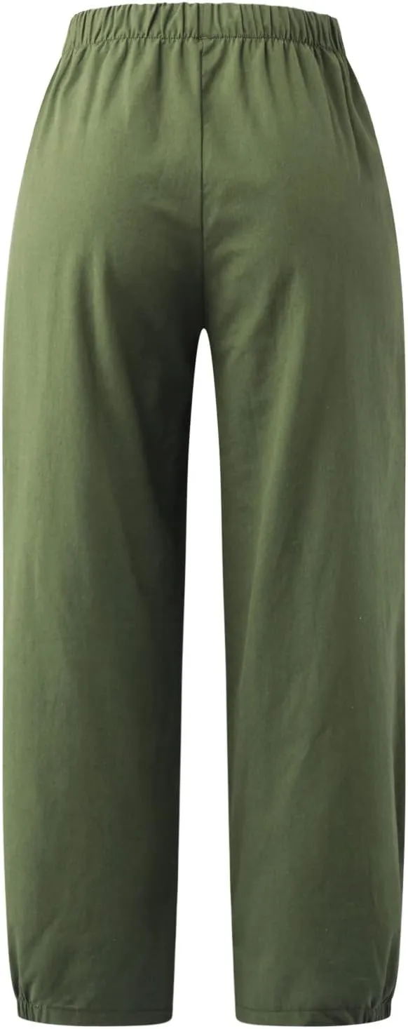 Cropped Linen Pants for Women Casual Loose Fit Elastic Waist Wide Led Summer Pants Straight Leg Lounge Trousers