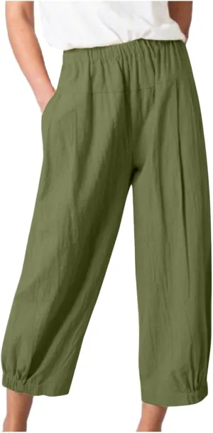 Cropped Linen Pants for Women Casual Loose Fit Elastic Waist Wide Led Summer Pants Straight Leg Lounge Trousers