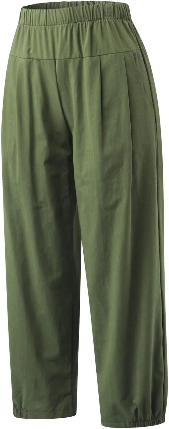 Cropped Linen Pants for Women Casual Loose Fit Elastic Waist Wide Led Summer Pants Straight Leg Lounge Trousers