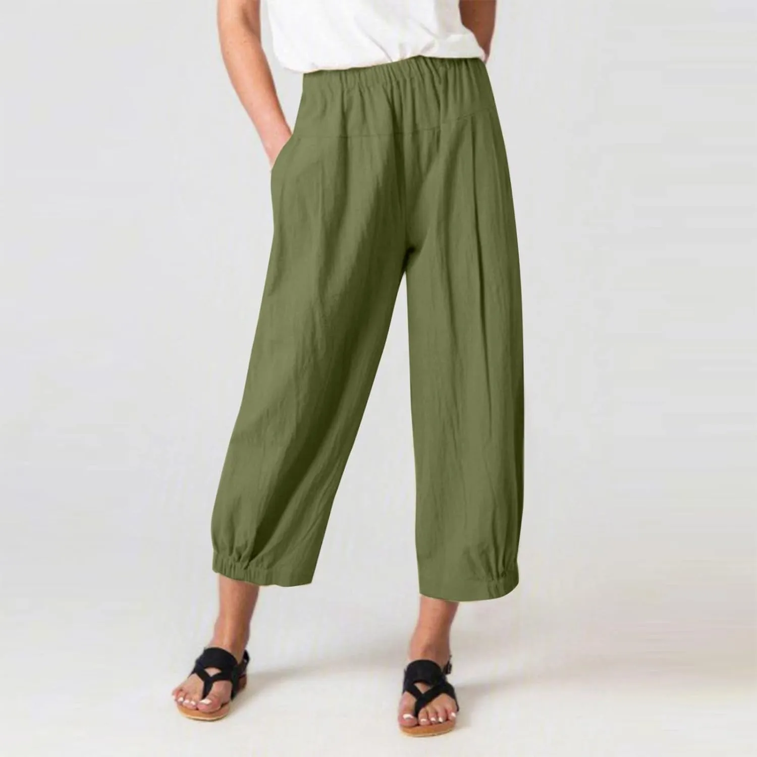 Cropped Linen Pants for Women Casual Loose Fit Elastic Waist Wide Led Summer Pants Straight Leg Lounge Trousers