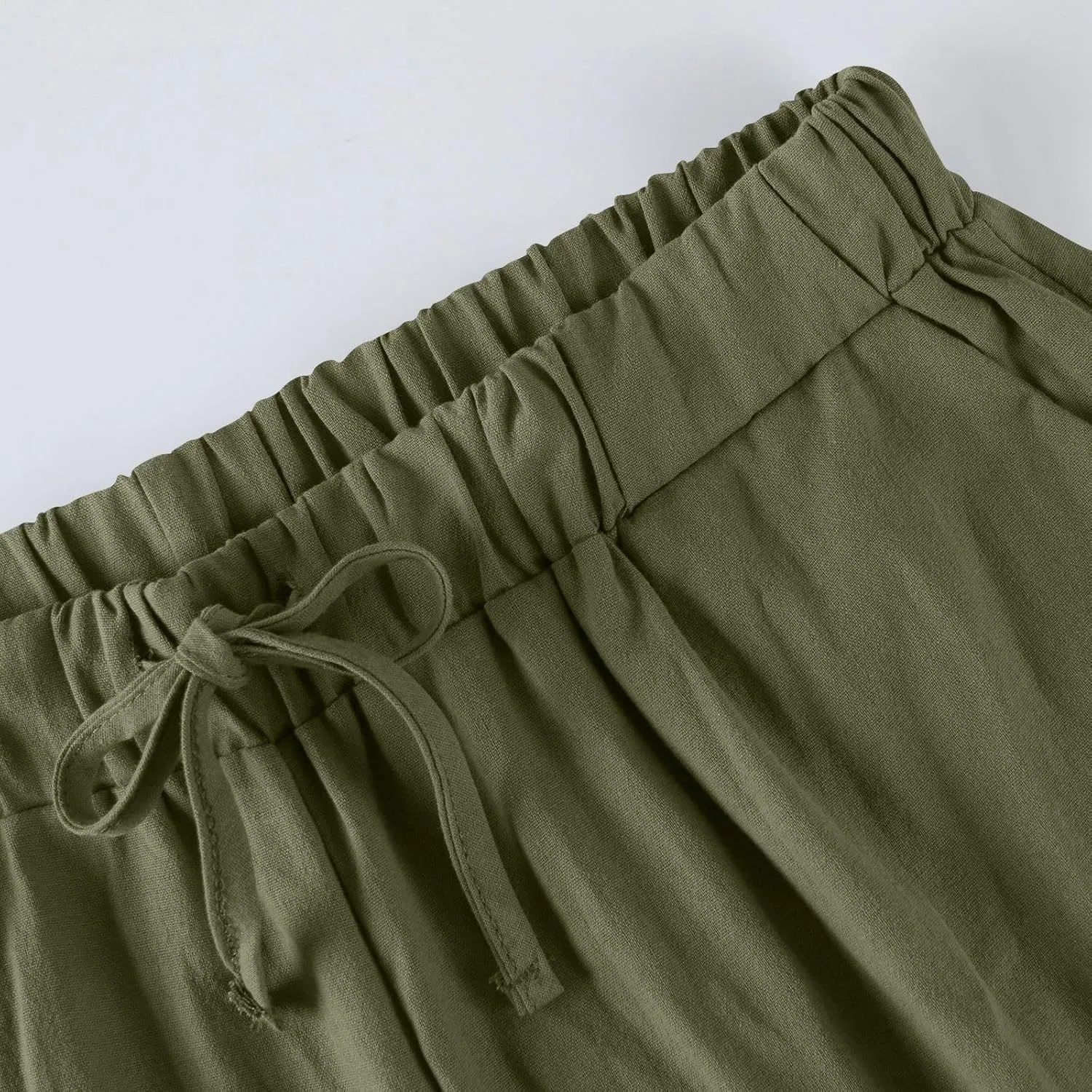 Cropped Linen Pants Women Cute Summer Comfy Loose Drawstring Elastic High Waisted Wide Leg Lounge Pants with Pockets