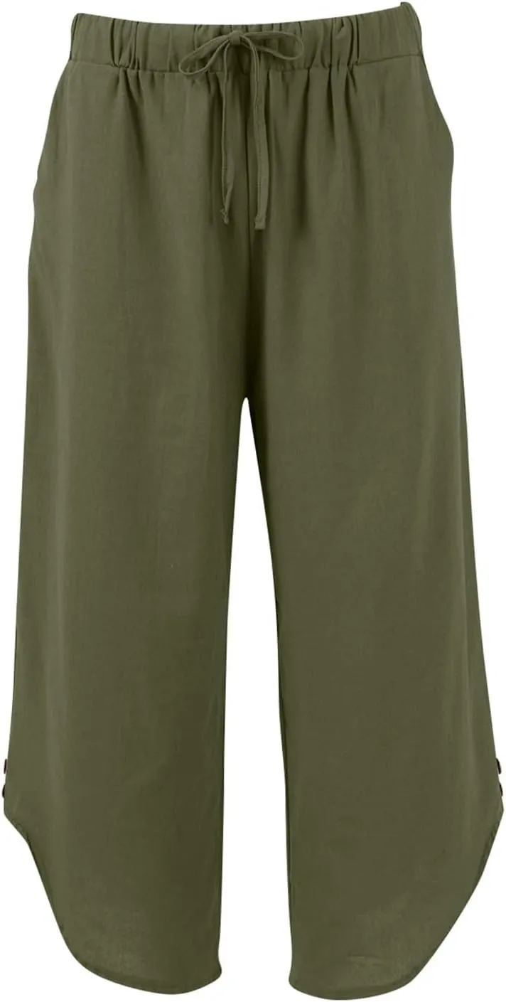 Cropped Linen Pants Women Cute Summer Comfy Loose Drawstring Elastic High Waisted Wide Leg Lounge Pants with Pockets
