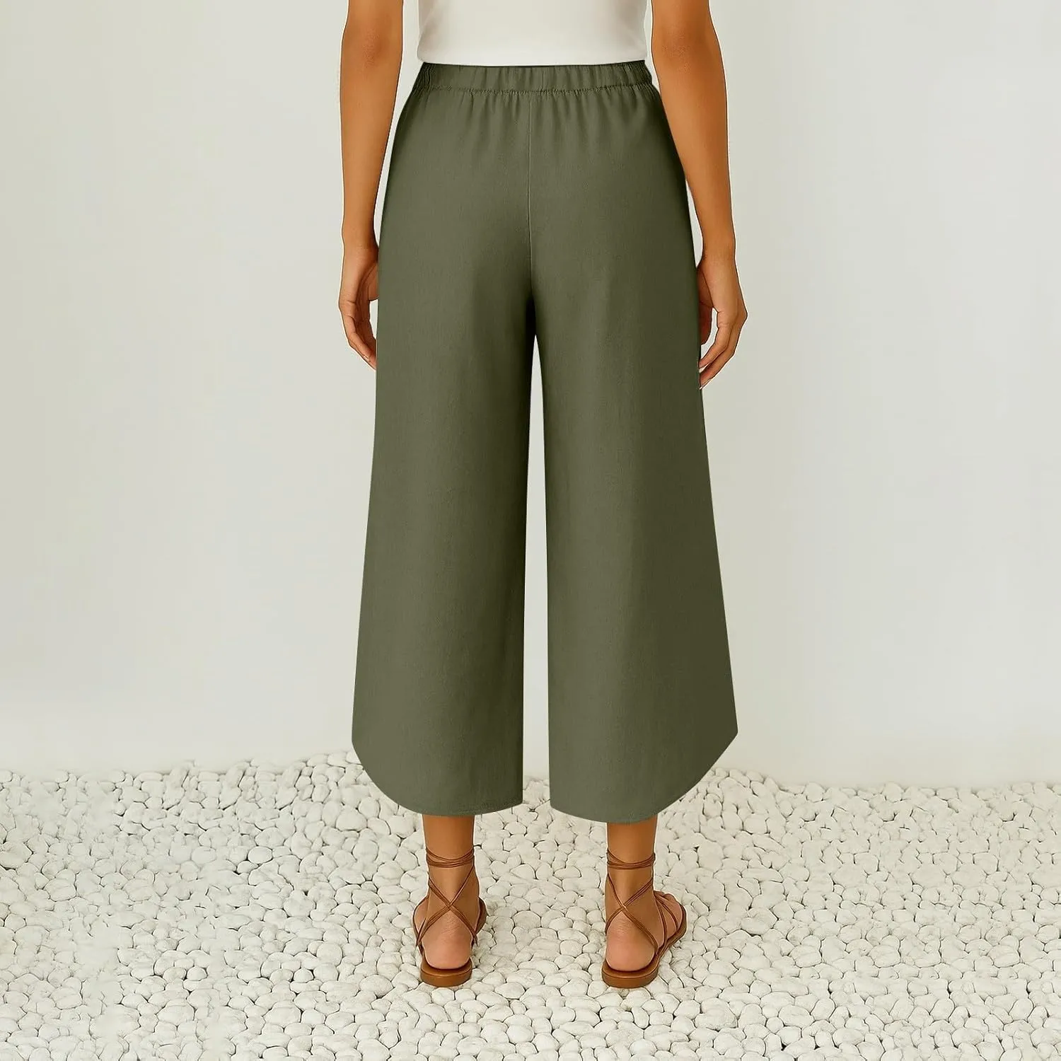 Cropped Linen Pants Women Cute Summer Comfy Loose Drawstring Elastic High Waisted Wide Leg Lounge Pants with Pockets