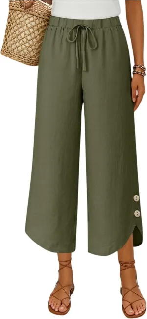 Cropped Linen Pants Women Cute Summer Comfy Loose Drawstring Elastic High Waisted Wide Leg Lounge Pants with Pockets