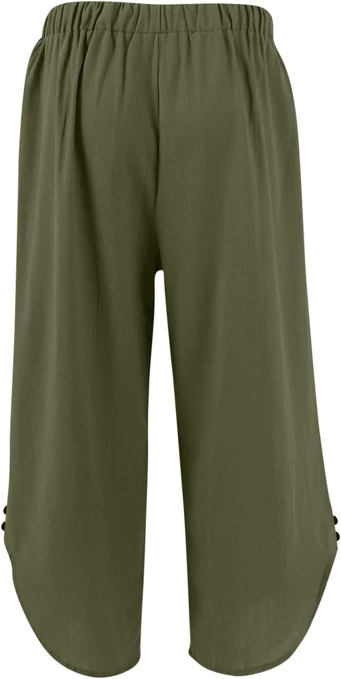 Cropped Linen Pants Women Cute Summer Comfy Loose Drawstring Elastic High Waisted Wide Leg Lounge Pants with Pockets