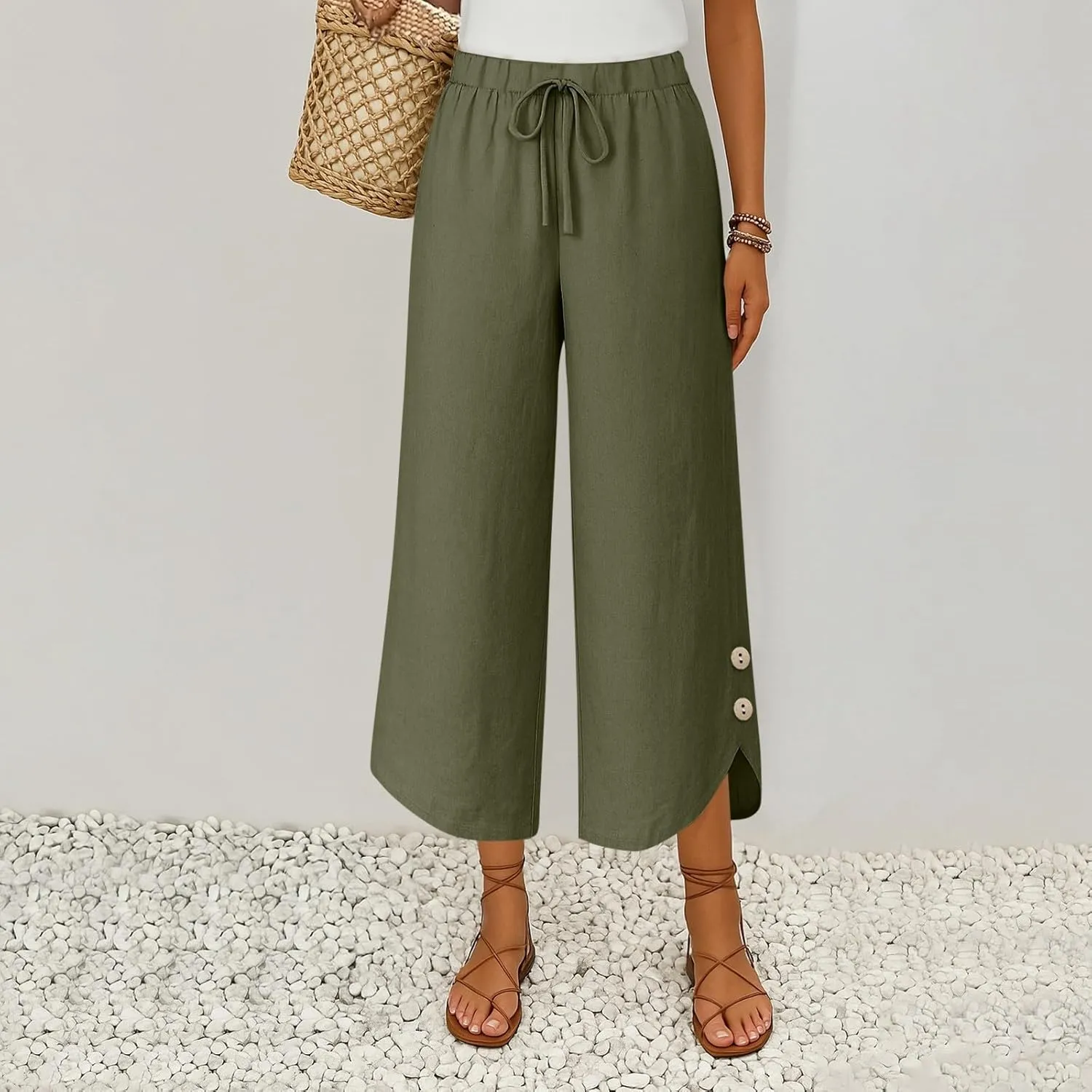 Cropped Linen Pants Women Cute Summer Comfy Loose Drawstring Elastic High Waisted Wide Leg Lounge Pants with Pockets