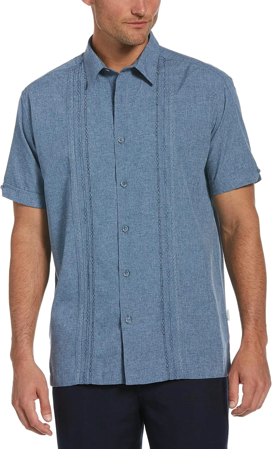 Cubavera Men's Embroidered Chambray Short Sleeve Button-Down Shirt, Wrinkle Resistant, Point Collar, Breathable Soft Fabric