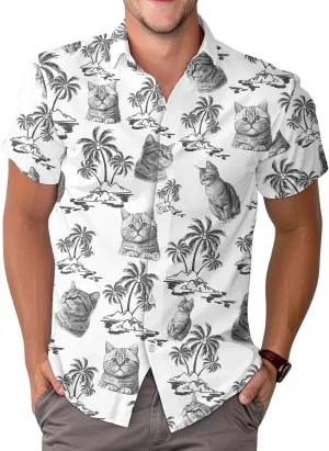 Cute Cat Print Hawaiian Shirt, Vintage Cat Short Sleeve Button Shirt, Summer Gifts, Birthday Gifts